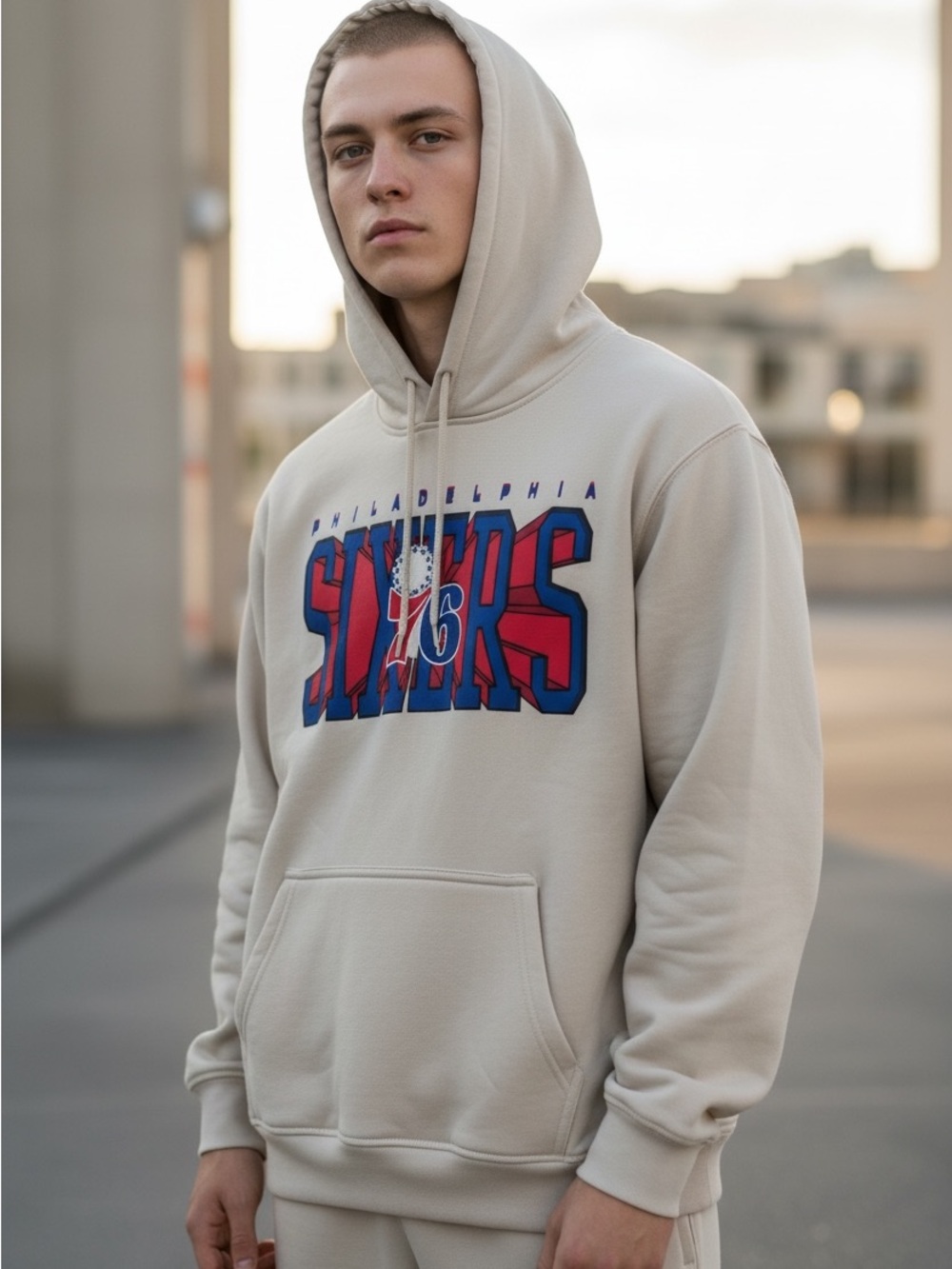 NEW NBA Ultra Game Philadelphia 76ers sewn Beige Pullover Hoodie jacket. Mens M